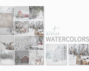 Winteraquarellen: vredige sneeuwtaferelen met bospaden, bosdieren, rode schuren en Scandinavische landschappen in zacht geschilderde stijl