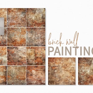 Puede incluir: Conjunto de 12 pinturas digitales de muros de ladrillo en varios tonos de rojo, marrón y beige. Los muros están desgastados y envejecidos, con grietas y astillas visibles. Las pinturas son de 3600 x 3600 píxeles y 300ppi.