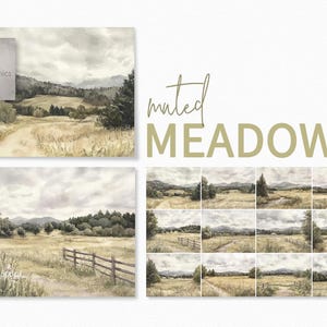 May include: Watercolor landscape art prints featuring muted meadow scenes. The images include a dirt path, wooden fence, and rolling hills under a cloudy sky. The text "muted MEADOWS" is displayed in a soft green color. The artist's logo is also visible.