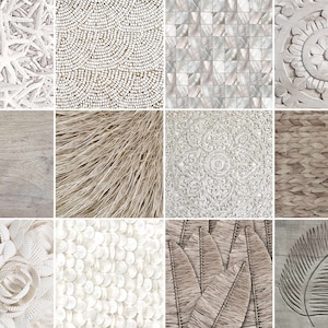 Puede incluir: Un collage de 10 texturas diferentes, incluyendo madera, materiales tejidos y conchas. Las texturas est&aacute;n dispuestas en una cuadr&iacute;cula y todas son en tonos de blanco, marr&oacute;n y gris.