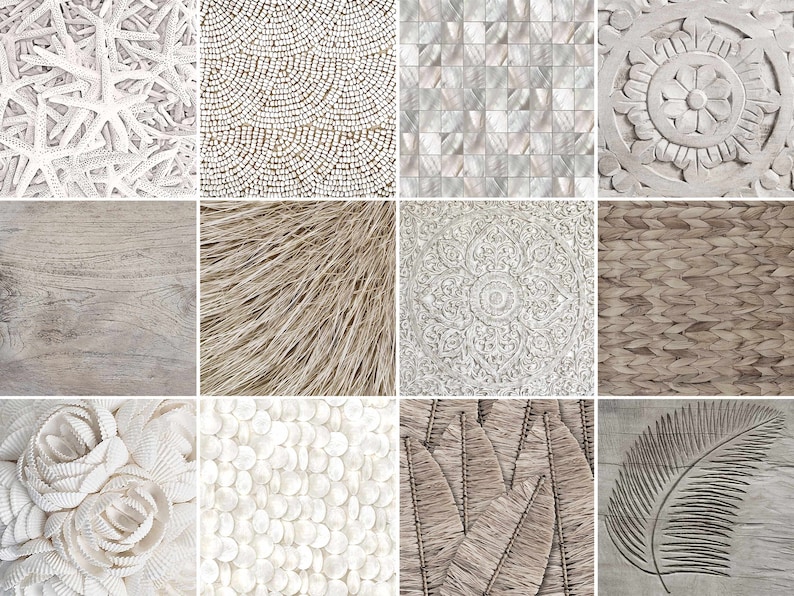 Puede incluir: Un collage de 10 texturas diferentes, incluyendo madera, materiales tejidos y conchas. Las texturas est&aacute;n dispuestas en una cuadr&iacute;cula y todas son en tonos de blanco, marr&oacute;n y gris.