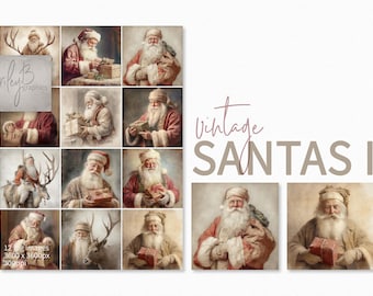 Puede incluir: Doce ilustraciones digitales de figuras de Papá Noel vintage en varias poses, incluyendo sosteniendo regalos, montando un reno y llevando un saco. Las imágenes están en un estilo pictórico con una paleta de colores cálidos. El texto "Vintage SANTAS I" se muestra en la parte superior de la imagen.