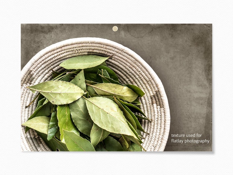 May include: A white woven basket filled with fresh green bay leaves. The basket is on a textured gray background.