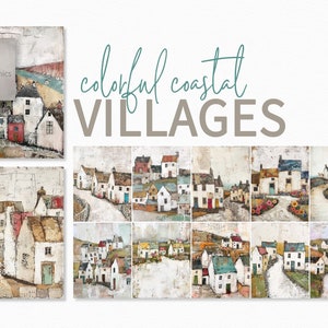 Pinturas coloridas de pueblos costeros - Collages de revistas basura con casas luminosas - Collages de cabañas coloridas y sucias - Pueblos costeros en técnica mixta