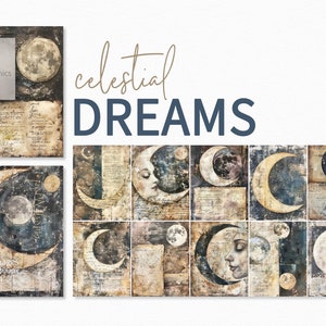 Sonhos Celestiais – Luas Antigas e Rostos Tatuados – Papel Desbotado com Céus Noturnos – Camadas Crescentes sobre Manuscrito Envelhecido – Arte Lunar Vintage