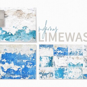 Mykonos Limewash – Verweerde witte gipswanden – Afgebroken verftexturen – Vervaagde blauwe stucwerklagen – Rustiek Grieks oppervlakbederf