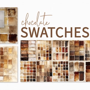 Puede incluir: Una colección de muestras de acuarela de chocolate en varios tonos de marrón, desde beige claro hasta chocolate oscuro. La imagen incluye el texto "chocolate SWATCHES" y el logotipo "riley b graphics".