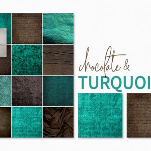 Texturas en chocolate y turquesa, marrón oscuro y verde azulado, superficies de terciopelo y madera, papel arrugado y patrones de damasco en marrón verde azulado.