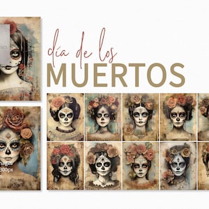 Dia de los Muertos - Vintage Calavera Kunst - Tag der Toten Porträts - Florale Schädel Gemälde - Mexikanische Volkskunst - Strukturierte Zuckerschädel