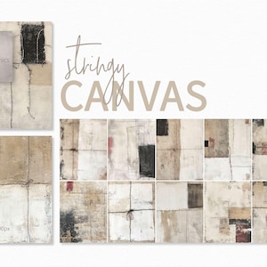 May include: Abstract art print featuring a grid of 12 squares, each with a unique pattern of beige, brown, and white lines and shapes. The print is titled "stringy canvas".