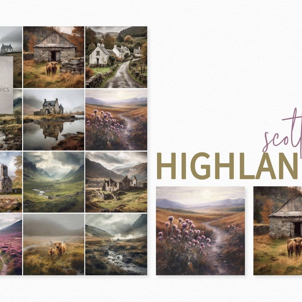 Scottish Highlands Digital Paintings - Scottish Landscapes - Scottish Highlands Backgrounds - Highland Cows - Heather and Thistles