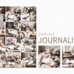 May include: A collage of images featuring a cozy morning journaling setup with books, coffee cups, flowers, and blankets. The text "morning journaling" is displayed in a handwritten font.
