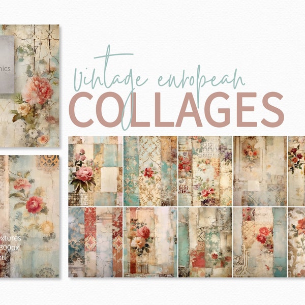 Vintage European Collage Paintings - Junk Journal Collages - Vintage Patterns Collage Paintings - Mixed Media Collages - Printable Collage