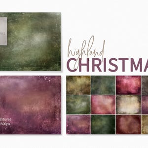 May include: Twelve digital textures in a variety of green, brown, and red hues. The textures are distressed and have a vintage look. The text "highland CHRISTMAS" is displayed above the textures.