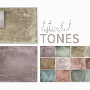 May include: Digital art showcasing a selection of textured backgrounds in muted tones. The image includes a square with the text "riley B graphics", the words "dustwashed TONES", and rectangular backgrounds in various colours.