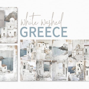 Grèce délavée à la chaux - Collages d'architecture en pierre grecque - Couches murales texturées - Escaliers et dômes en bord de mer - Couleurs côtières neutres délavées