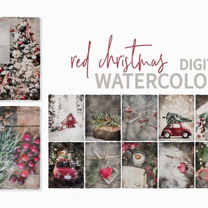 Red Christmas Watercolors Christmas Digital Paper Handmade Paper with Christmas scenes Torn Edge Paper Instant Download Christmas image 1