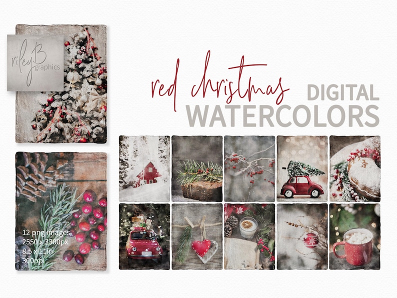 Red Christmas Watercolors Christmas Digital Paper Handmade Paper with Christmas scenes Torn Edge Paper Instant Download Christmas image 1