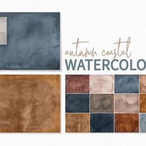 Op de afbeelding: Digitale aquarel achtergronden in tinten blauw, bruin en beige. De afbeelding bevat een grote blauwe en bruine achtergrond, een set van 12 kleinere aquarel vierkanten en de tekst "autumn coastal WATERCOLORS".