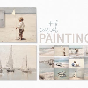 Coastal Paintings – Vintage Seaside Scenes – Beach Children And Boats – Lighthouse And Seagull Art – Nautical Wall Decor – Soft Neutral Art