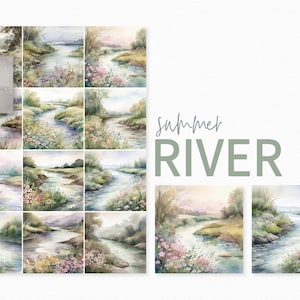 May include: A set of 12 watercolor illustrations of a summer river scene. The illustrations feature a winding river flowing through a lush green landscape with wildflowers and trees. The illustrations are perfect for adding a touch of nature to your designs.