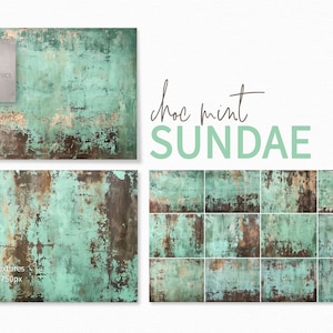 Op de afbeelding: Twaalf digitale texturen in een kleurenschema van teal, bruin en goud. De texturen zijn verweerd en hebben een rustieke uitstraling. De tekst "choc mint SUNDAE" wordt in de afbeelding weergegeven.