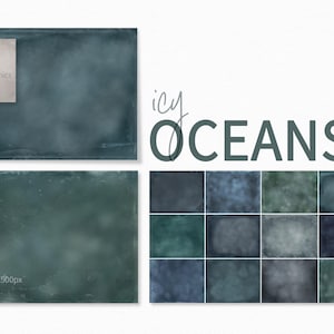 Può includere: Un set di 12 sfondi digitali con trame di acquerello blu e verde ghiaccio. Gli sfondi sono perfetti per creare arte digitale, scrapbooking e altri progetti creativi. Il testo "icy OCEANS" è visualizzato sopra gli sfondi.