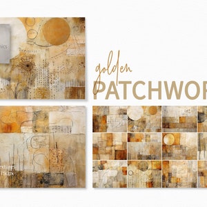 Pinturas abstractas con patchwork dorado - Texturas abstractas digitales en amarillo dorado - Fondos grunge - Abstractos rústicos terrosos