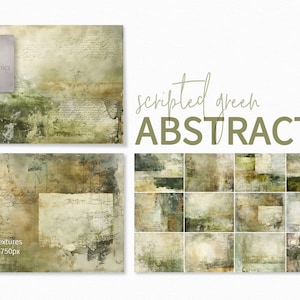 May include: Twelve digital paper textures in green and brown tones with a handwritten script overlay. The textures are 5000 x 3750 pixels and 300 dpi.  Scripted Green Abstracts.