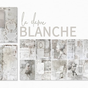 La Dame Blanche - Conjunto de colagens clássicas francesas com retratos barrocos - Partitura sépia - Textura vintage - Técnica mista neutra suave