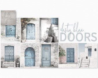 Dusty Blue Doors – French Mediterranean Stone Walls – Rustic Archways and Courtyards – Soft Neutrals with Pale Blue Doors – Weathered Doors