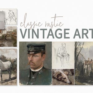 May include: A collage of vintage art prints featuring a variety of subjects, including a horse, a man in uniform, a dog, a landscape, and a sketch of a person. The prints are all in a rustic style and have a faded, vintage look.