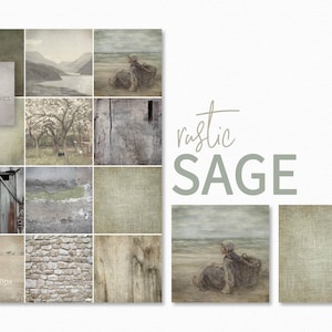 Salvia rústica, texturas de granja francesa, madera y piedra desgastadas, verdes lino desgastados, tonos de jardín vintage, tonos pastorales neutros descoloridos.
