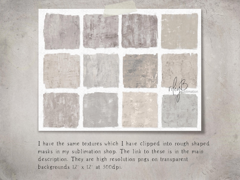 May include: Twelve digital paper textures in a grid pattern. Each square is a different shade of beige and gray with a rough, textured look. The textures are 12 inches by 12 inches at 300 dpi.