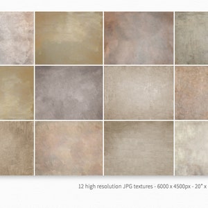 Op de afbeelding: Twaalf digitale texturen in hoge resolutie in warme beige, bruine en grijze tinten. Elke textuur is 6000 x 4500 pixels groot en geschikt voor digitale kunst, grafisch ontwerp en fotografieprojecten.