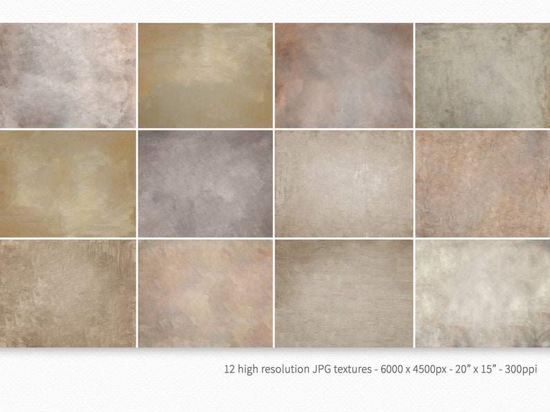 Op de afbeelding: Twaalf digitale texturen in hoge resolutie in warme beige, bruine en grijze tinten. Elke textuur is 6000 x 4500 pixels groot en geschikt voor digitale kunst, grafisch ontwerp en fotografieprojecten.