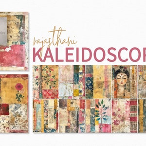 May include: A digital collage of colorful, textured, and patterned squares with a central square featuring a woman's face. The text "rajasthani KALEIDOSCOPE" is at the top of the image.