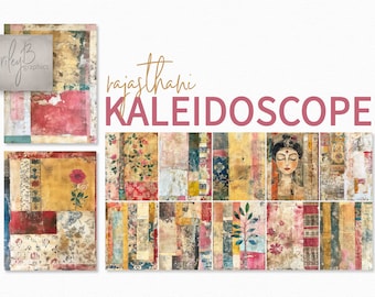 Rajasthani Kaleidoscope – Vintage Indian Collage Art – Boho Floral and Textile Patterns – Rustic Rajasthan Mixed Media Maharani Artwork Set