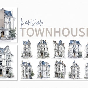 May include: Watercolor illustrations of Parisian townhouses. The image features multiple drawings of buildings with detailed architectural elements, including blue-tiled roofs and ornate facades. The text "Parisian Townhouses" is displayed in a stylish font.