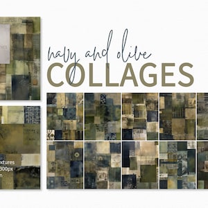 Navy And Olive Collages - Mixed Media Patchwork - Textured Abstract Layers - Distressed Patterns - Rustic Blue and Green Art