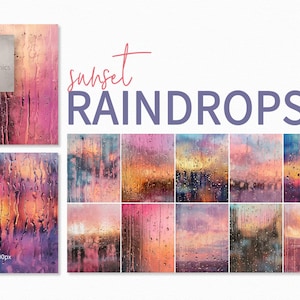 Puede incluir: Un conjunto de 12 fondos digitales que muestran una vista de la puesta de sol a través de una ventana con lluvia. Los fondos son en varios tonos de rosa, naranja, amarillo y azul. Cada fondo tiene 2550 x 3300 píxeles y 300ppi.