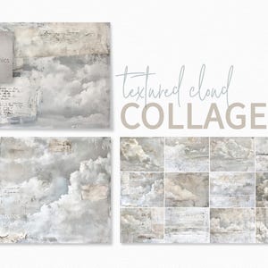 Collage di nuvole strutturate – Strati di carta strappata e cielo – Nuvole grigio-crema tenui – Sovrapposizioni di scritte sbiadite – Sottili texture atmosferiche