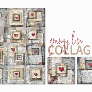Grungy Love Collages – Vintage Heart Ephemera – Layered Romantic Paper Art – Neutral Heart Mixed Media Backgrounds – Rustic Red Valentine