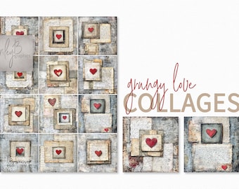 May include: A digital collage of 12 squares with a grunge aesthetic. Each square features a red heart in a different frame and background of old paper and writing. The text "grubby love COLLAGES" is at the top of the image.