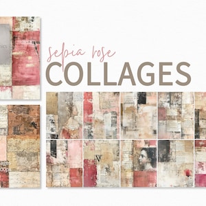 Sepiaroos collageschilderijen - collages van ongewenste dagboeken - collageschilderijen - pastelcollages gemengde techniek - afdrukbaar collagepapier