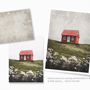 May include: A red house with a white door and windows sits on a grassy hill with white flowers in the foreground. The image is a before and after example of using a texture overlay to add a vintage look to a photo.