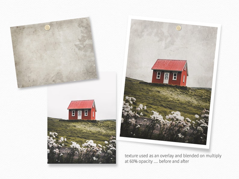 May include: A red house with a white door and windows sits on a grassy hill with white flowers in the foreground. The image is a before and after example of using a texture overlay to add a vintage look to a photo.