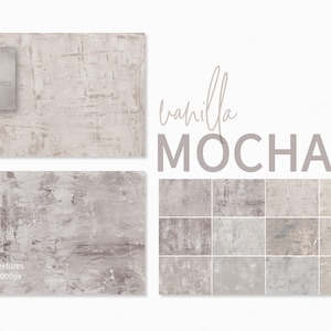 Peut inclure: 12 textures numériques dans un schéma de couleurs gris clair avec un aspect rugueux et texturé. Les textures sont de 6000 x 4000 pixels et 300 dpi. Le texte "vanilla mocha" est écrit en gris clair.