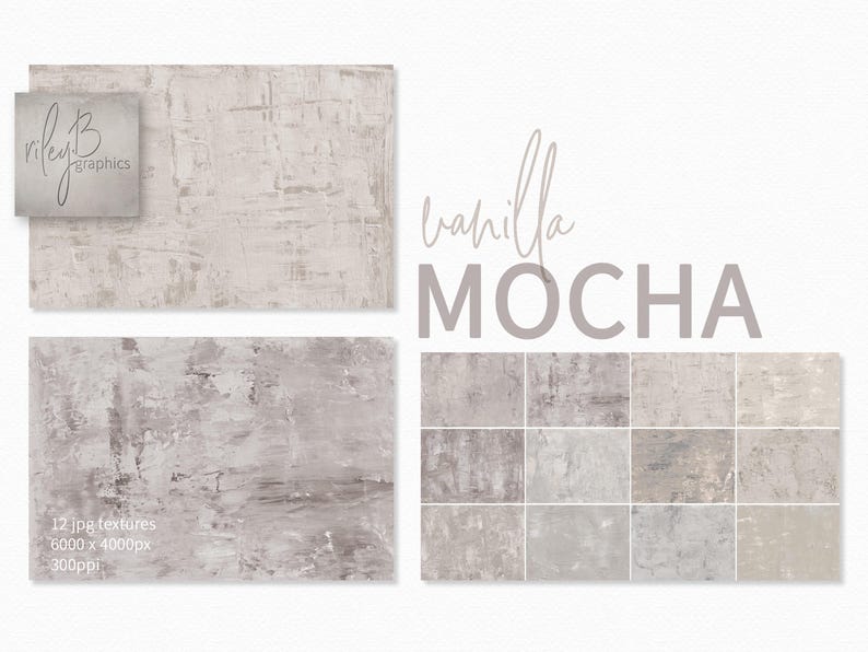 May include: 12 digital textures in a light gray color scheme with a rough, textured look. The textures are 6000 x 4000 pixels and 300 dpi. The text "vanilla mocha" is written in a light gray color.