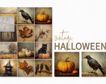 Vintage Halloween – Autumn Crow Cat Pumpkin Art – Moody Fall Leaves – Rustic Witch Cat Prints – Spooky Forest Raven – Classic Halloween Set